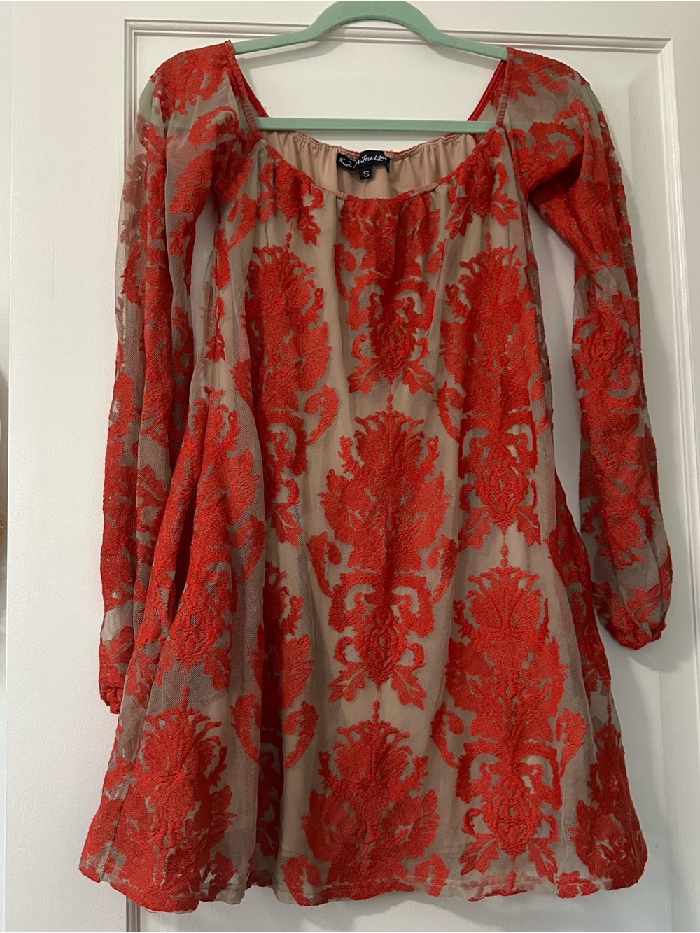 For Love & Lemons Red Embroidered Long-Sleeve Lace Off Shoulder Dress sz S